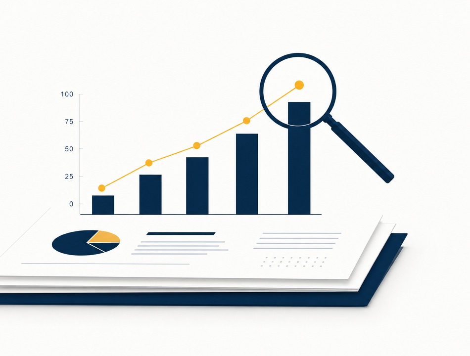 Ilustração representando análise de dados: gráfico de crescimento, lupa e relatório financeiro